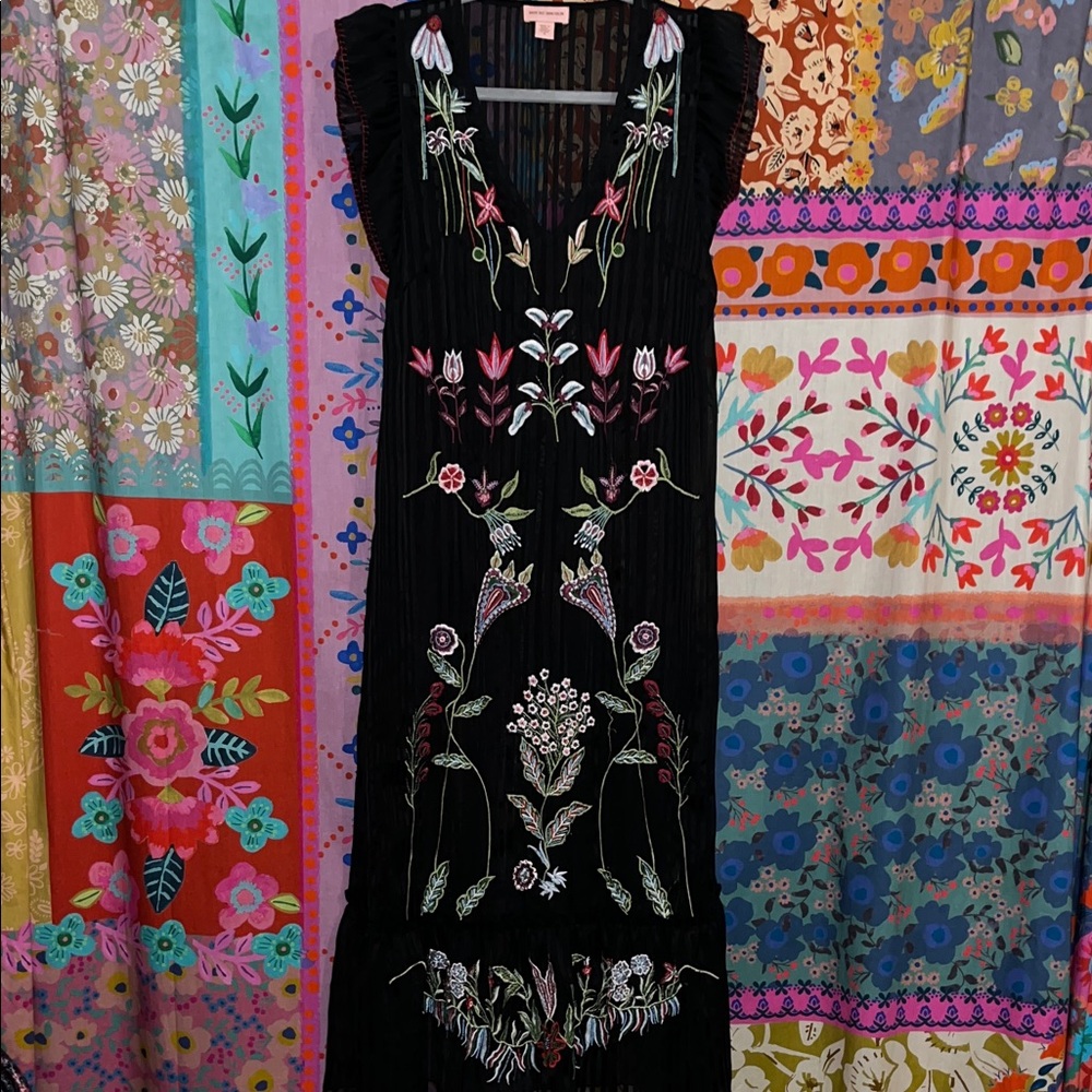 ANTHROPOLOGY Polyester Black Floral Embroidered & Beaded Sheer Maxi Dress Size 4